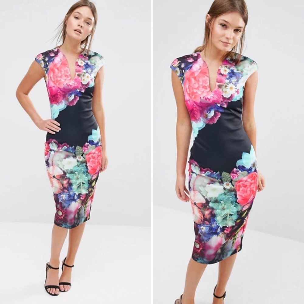 Ted Baker London Floral Midi Dress - Black and Pink